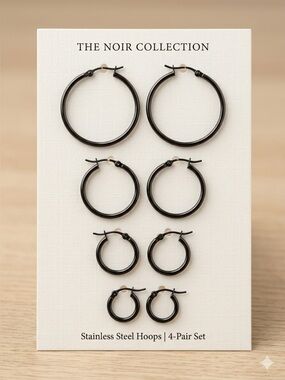 Black Hoop Earrings Set (4) | Gunmetal Nap-Hinge Small Hoops